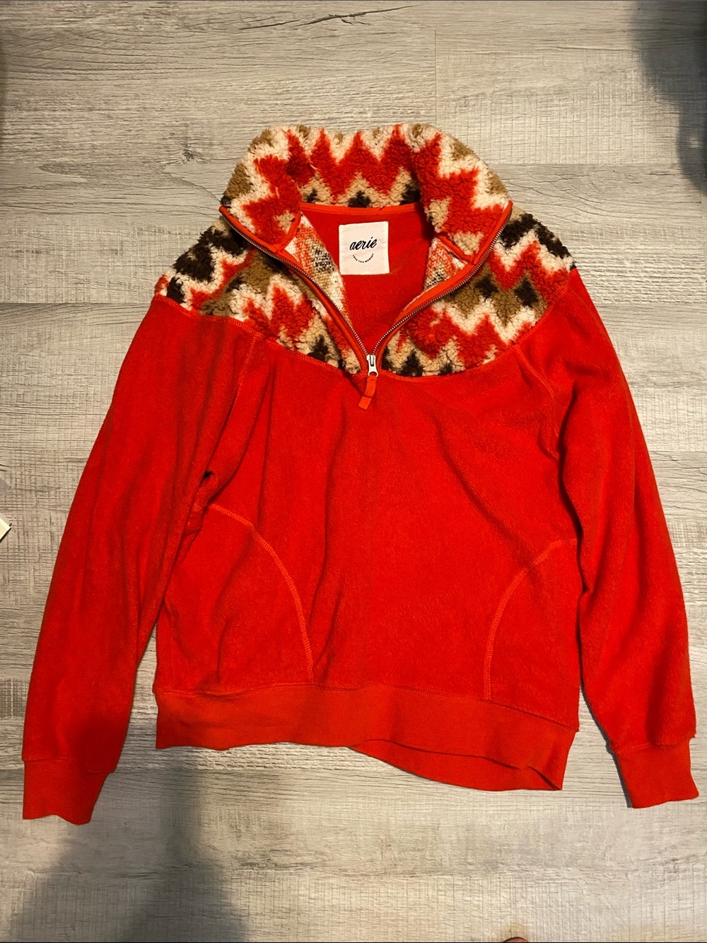 aerie Red Half-Zip Pullover with Patterned Sherpa Yoke